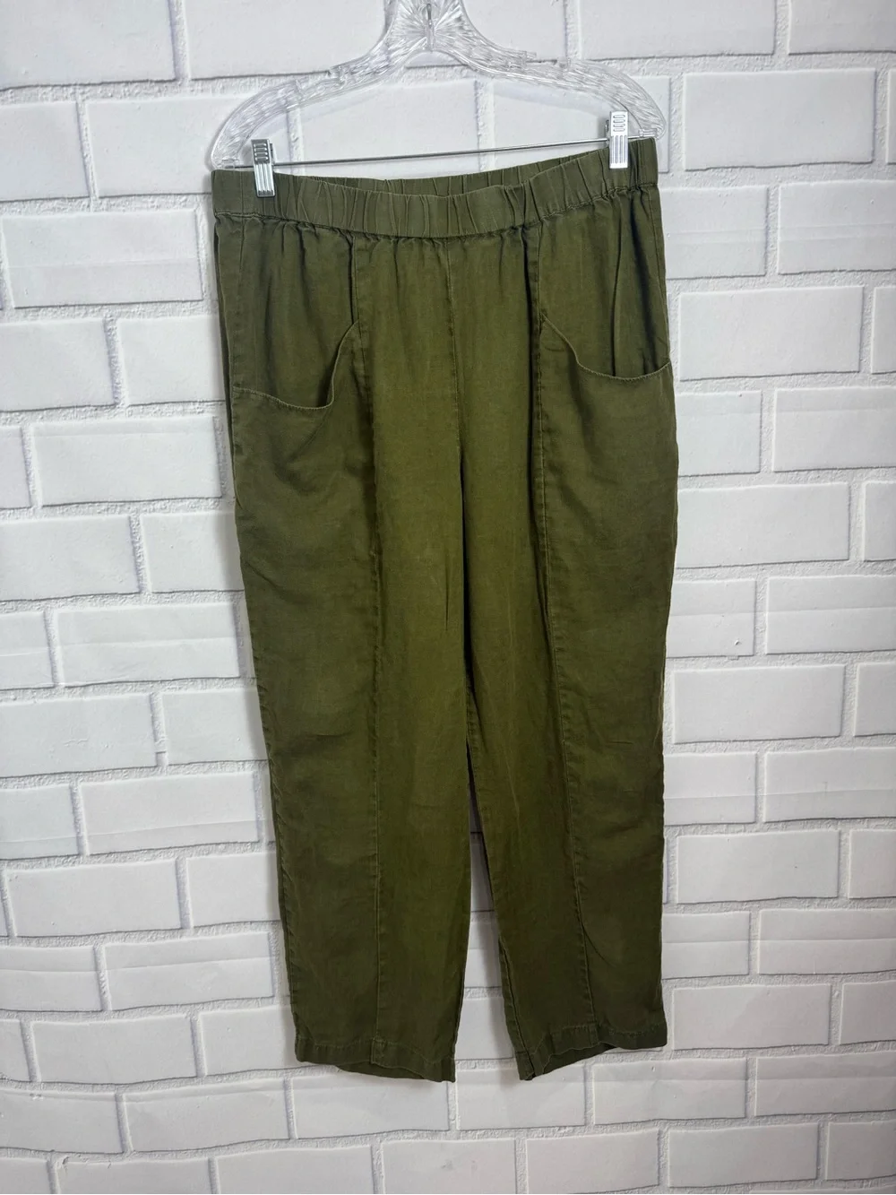 Quince Women’s Olive Green 100% Linen Pull-On Pants minimalist quiet luxury/L